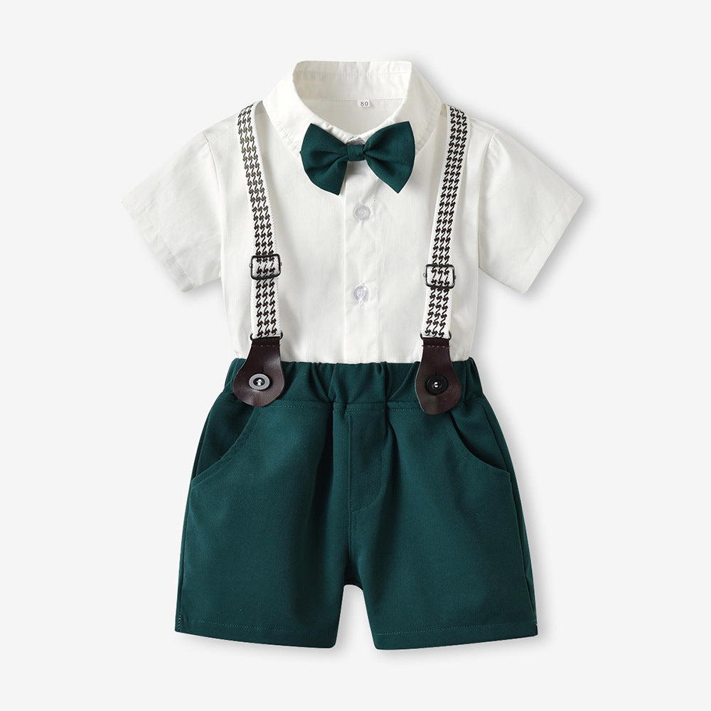 Baby Boys Short Sleeve Bow Shirt Bib Shorts Two Piece Suit