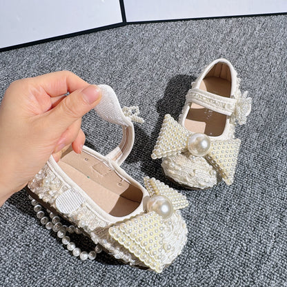 Girls' Soft-Soled Pearl Butterfly Princess Leather Shoes