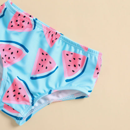 Children's Watermelon Print Swimsuit Girls Suspender Shorts Bowknot Three-piece Set