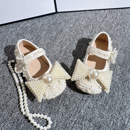 Girls' Soft-Soled Pearl Butterfly Princess Leather Shoes
