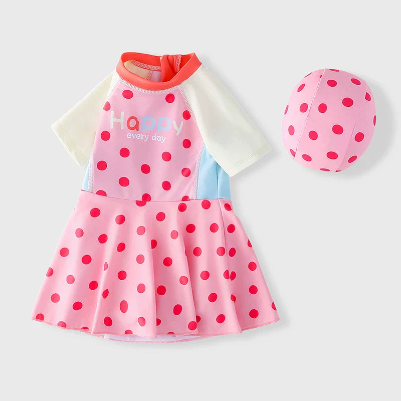 Girls' Summer One-Piece Swimsuit and Swim Cap Two-Piece Set