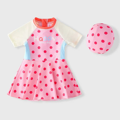 Girls' Summer One-Piece Swimsuit and Swim Cap Two-Piece Set
