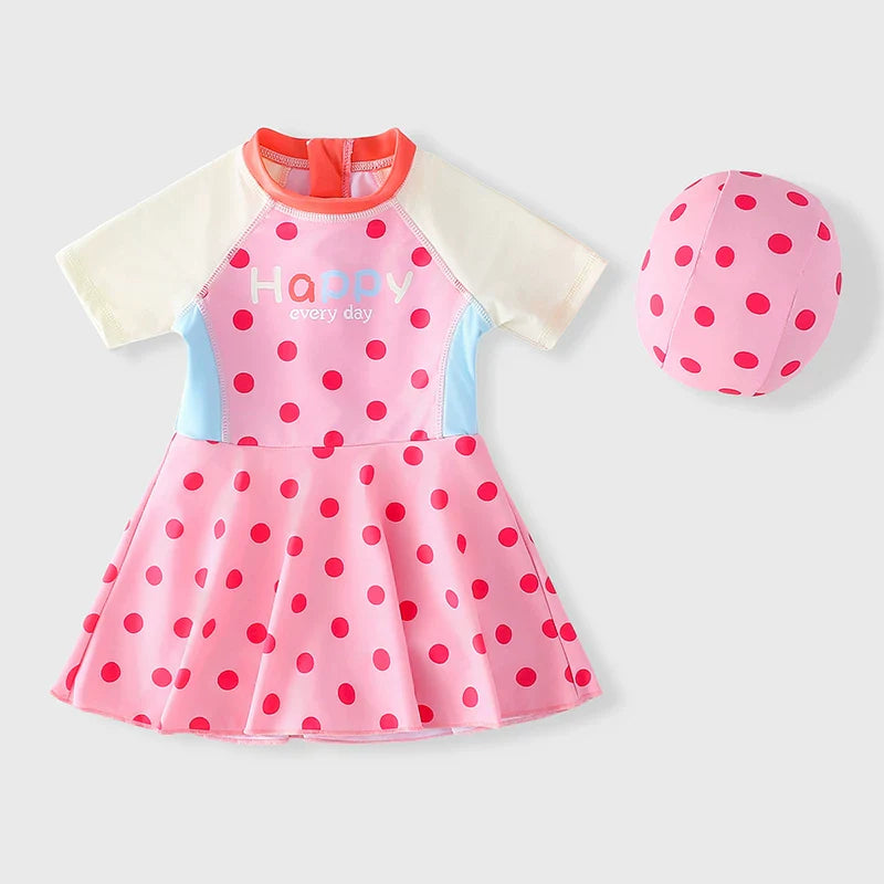 Girls' Summer One-Piece Swimsuit and Swim Cap Two-Piece Set