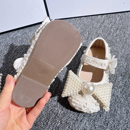 Girls' Soft-Soled Pearl Butterfly Princess Leather Shoes