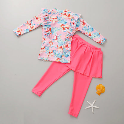 Girls' Long-Sleeved Swimsuit and Swim Trunk Two-Piece Set