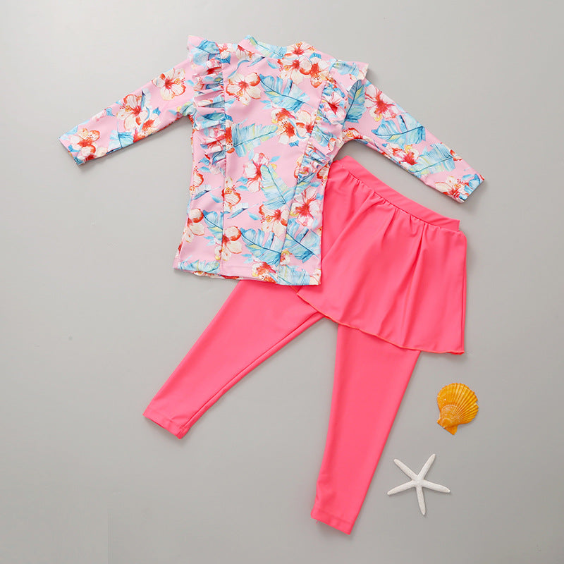 Girls' Long-Sleeved Swimsuit and Swim Trunk Two-Piece Set
