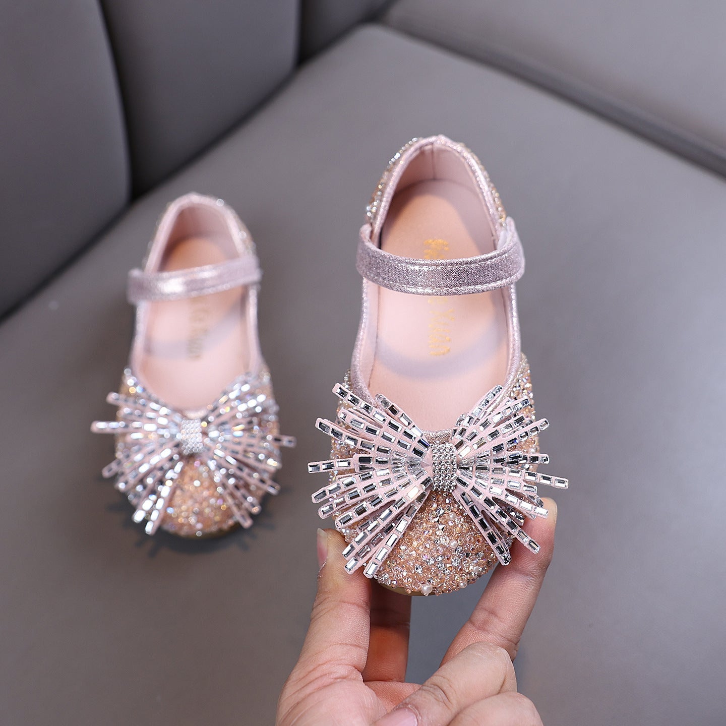Girls' Princess Rhinestone Bow Mesh Leather Shoes