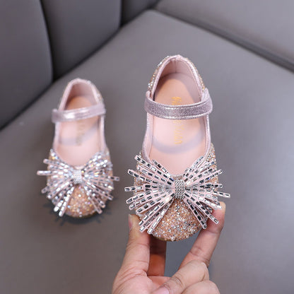 Girls' Princess Rhinestone Bow Mesh Leather Shoes