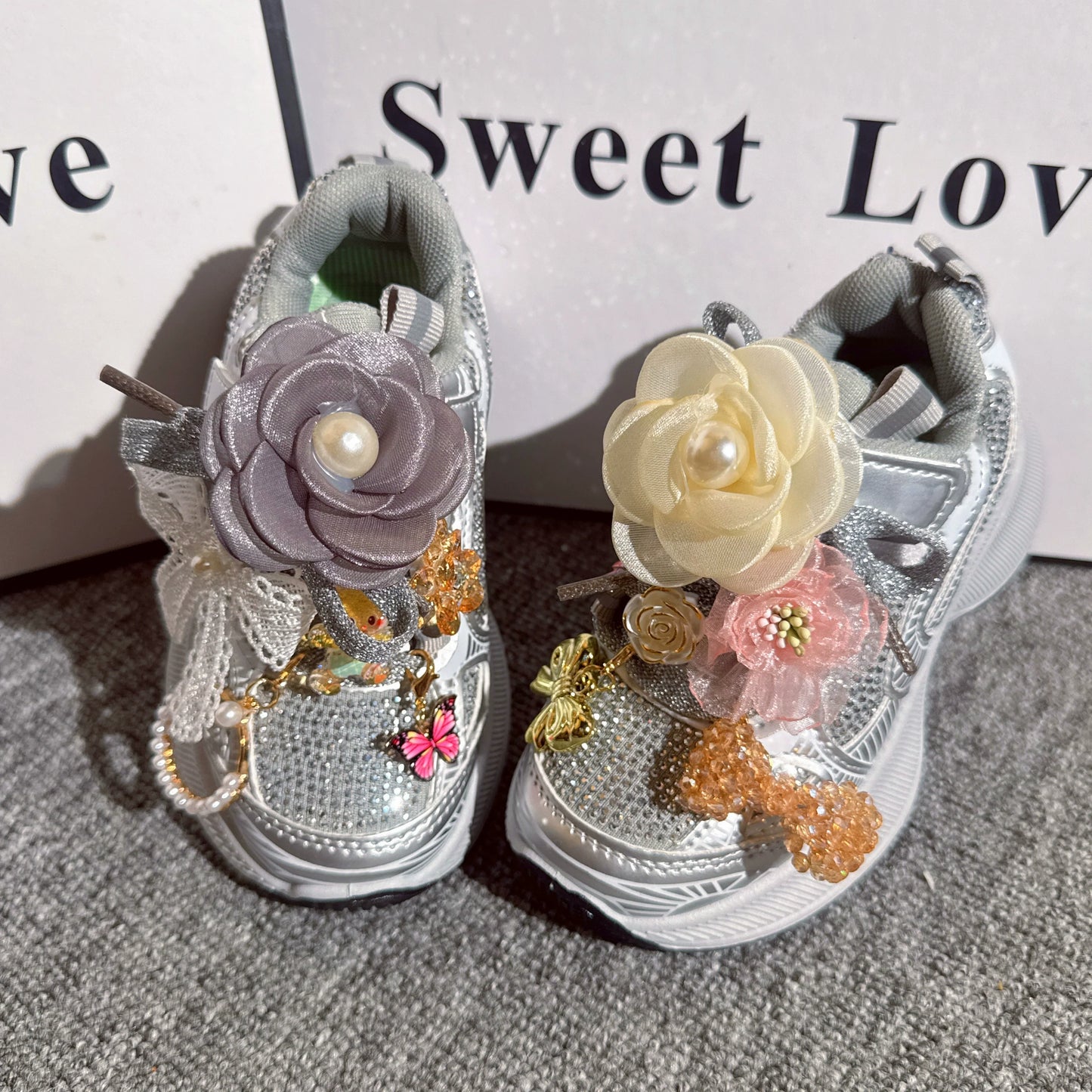 Girls' New Style Flower Silver Sports Shoes