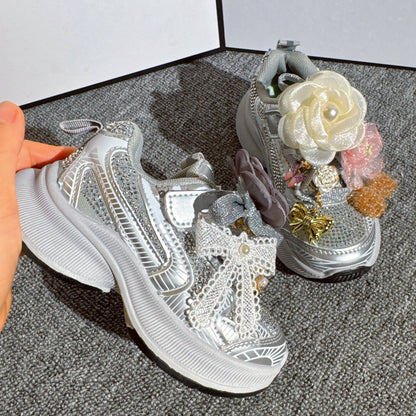 Girls' New Style Flower Silver Sports Shoes