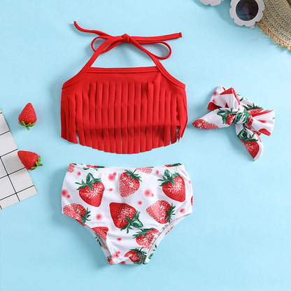 Girls Strawberry Print Swimsuit Baby Girl Red Tassel Sling Three-piece Set