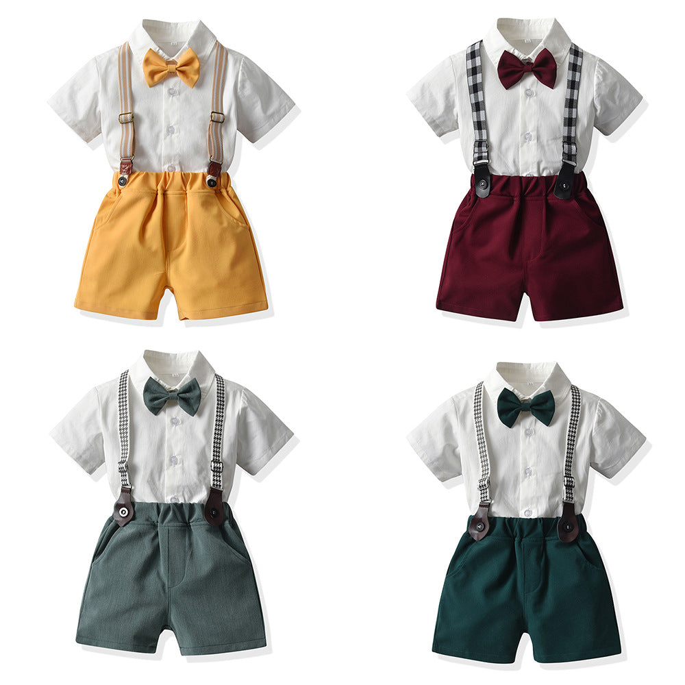 Baby Boys Short Sleeve Bow Shirt Bib Shorts Two Piece Suit