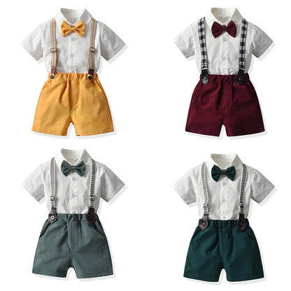 Baby Boys Short Sleeve Bow Shirt Bib Shorts Two Piece Suit