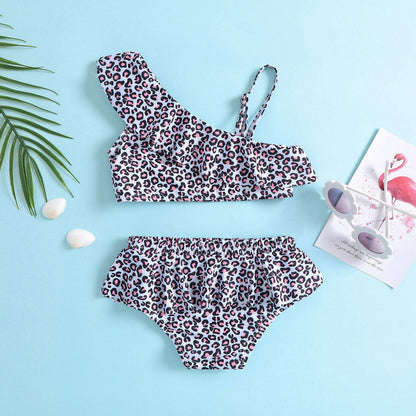 Girls Cute Leopard Print Swimsuit Set