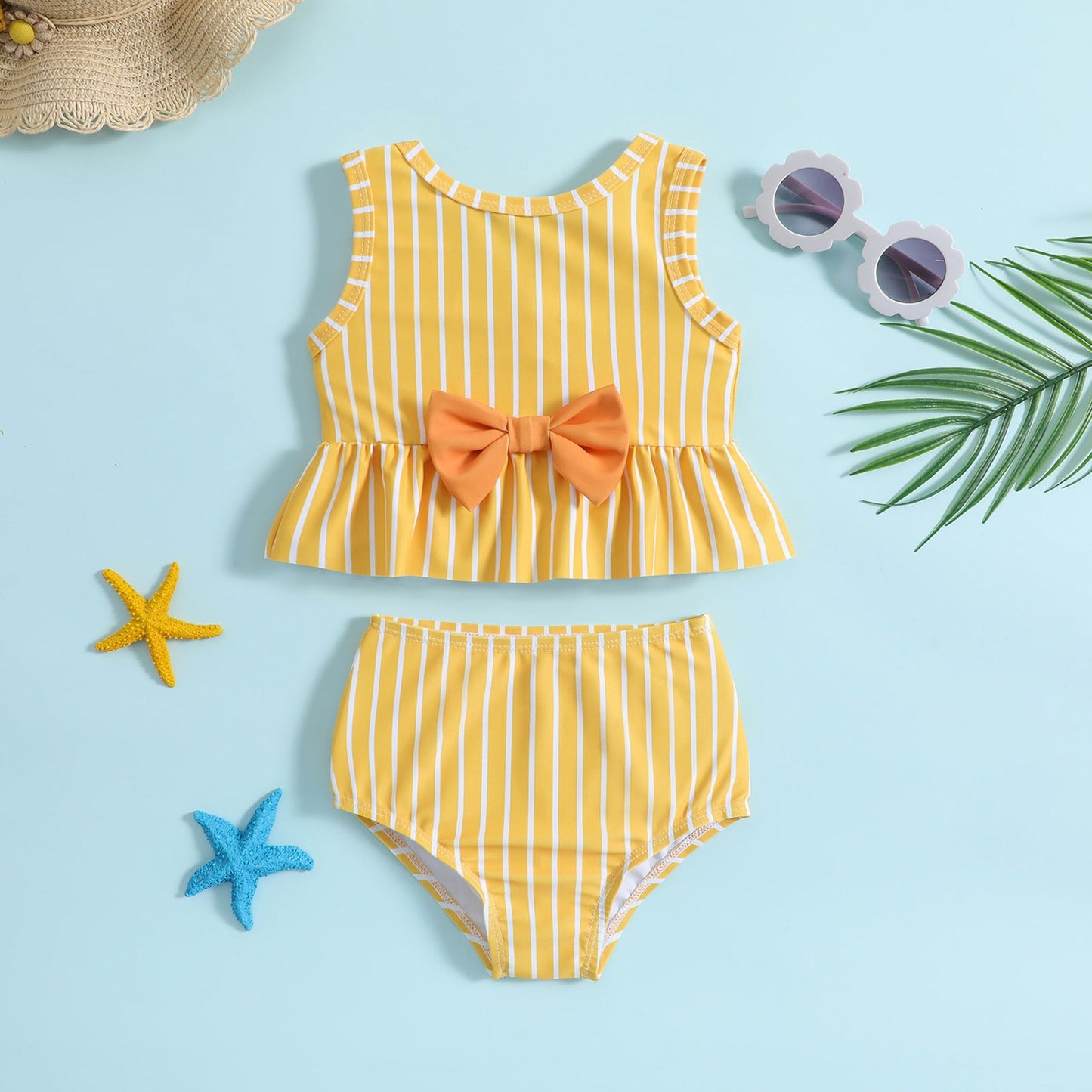 Girls Striped Print Swimsuit Two-Piece Set
