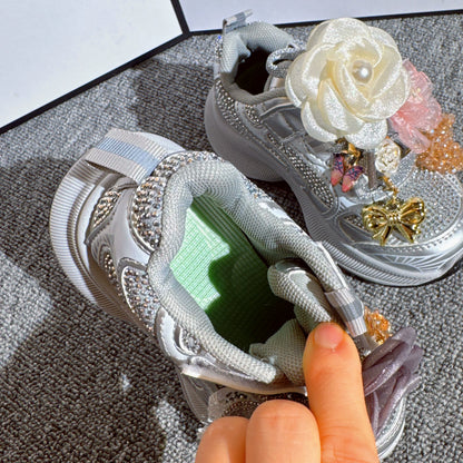 Girls' New Style Flower Silver Sports Shoes