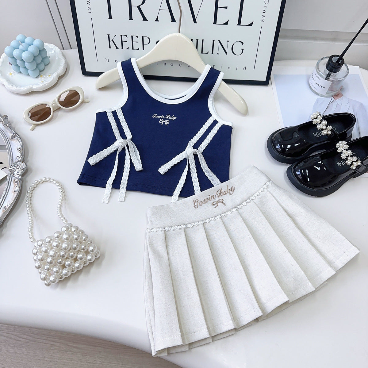 Girls Summer Vacation Outfit Girls A-Line School Outfit Two-piece Suit