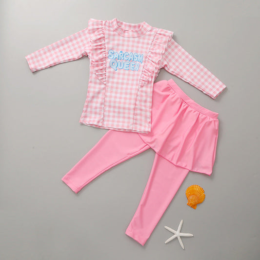 Girls' Long-Sleeved Swimsuit and Swim Trunk Two-Piece Set