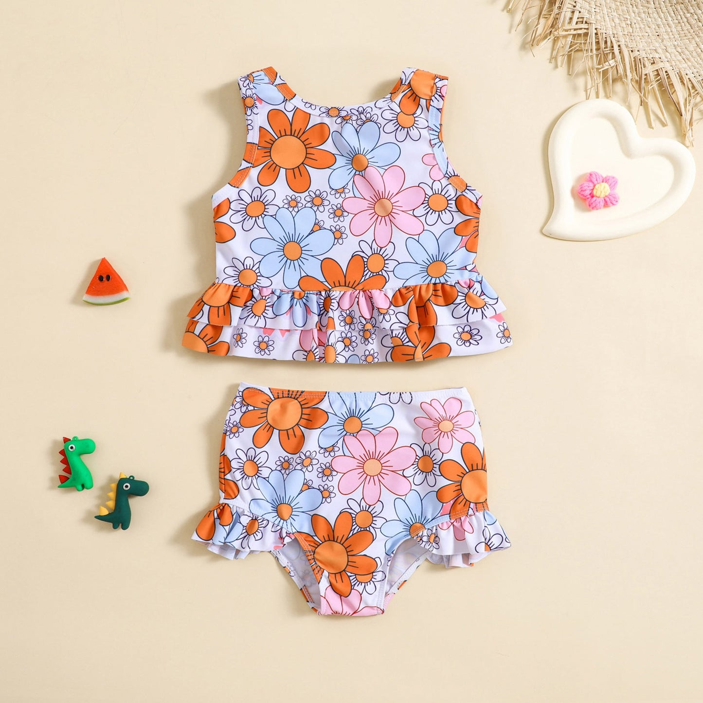 Girls Cute Flower Print Swimsuit Two-Piece Set