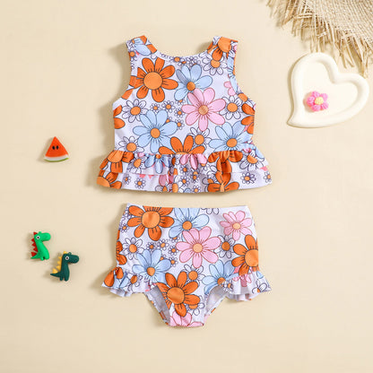 Girls Cute Flower Print Swimsuit Two-Piece Set