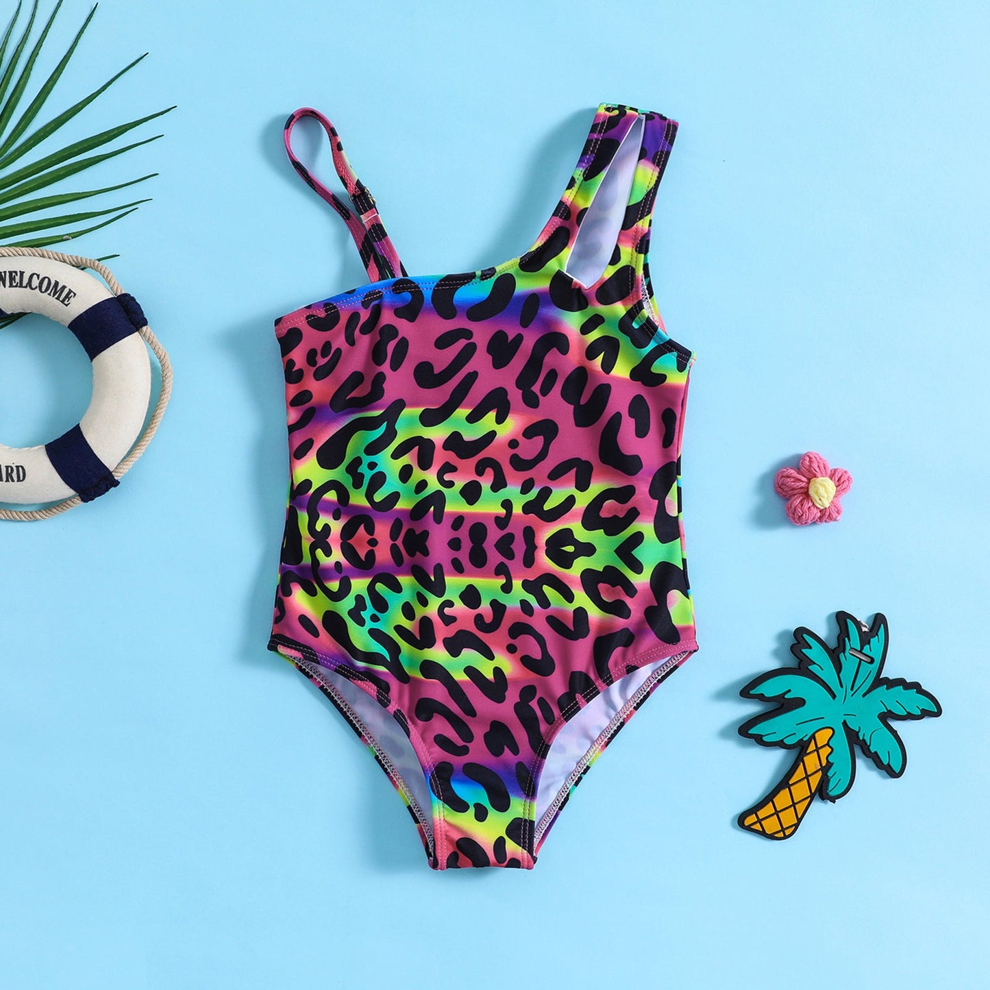 Cute Girls Floral One-shoulder Sling Swimsuit