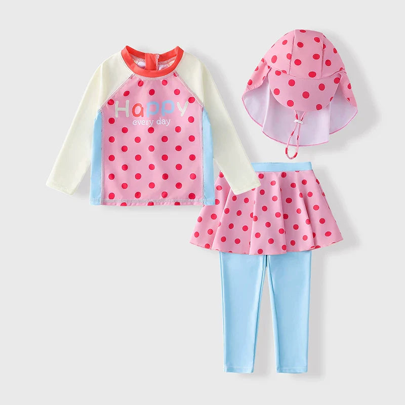 Summer Girls' Top Pants and Swim Cap Three-Piece Set