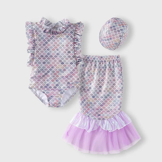Girls' One-Piece Swimsuit Mermaid Tail Swim Cap Three-Piece Set