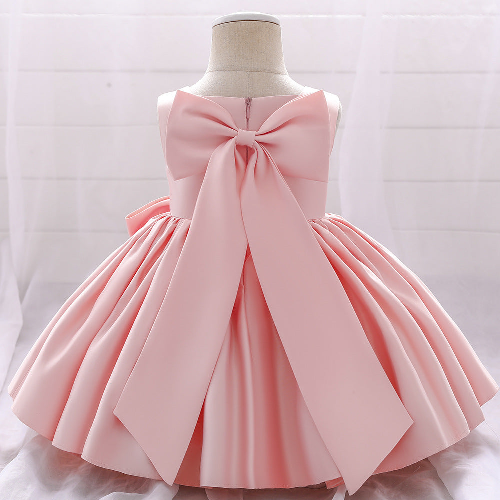 Baby Girl Birthday Party Dress Toddler Summer Round Neck Bow Textured Puffy Formal Princess Dress