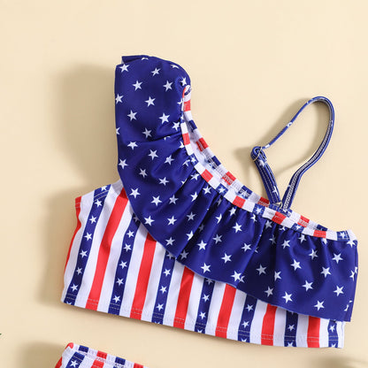 Girls One Shoulder Sling Girls Cute Swimsuit Two-piece Set
