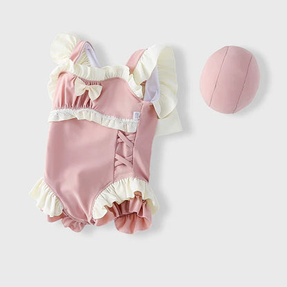 Girls Cute Princess Swimsuit and Swim Cap Two-Piece Set