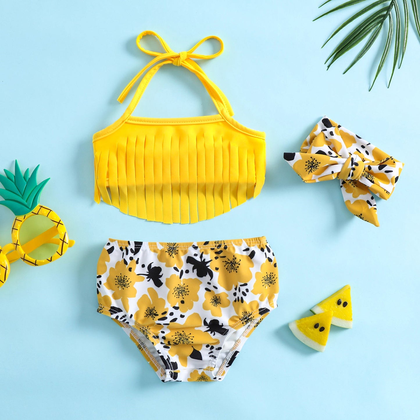 Girls Butterfly Flower Print Tassel Suspender Swimsuit