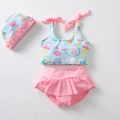 Girls' Summer Cartoon Cute Swimsuit Three-Piece Set