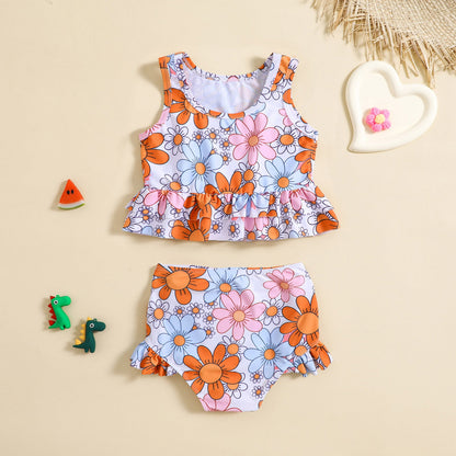 Girls Cute Flower Print Swimsuit Two-Piece Set
