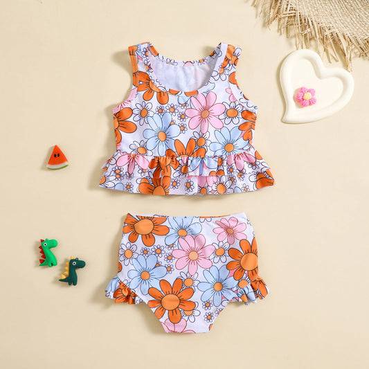 Girls Cute Flower Print Swimsuit Two-Piece Set