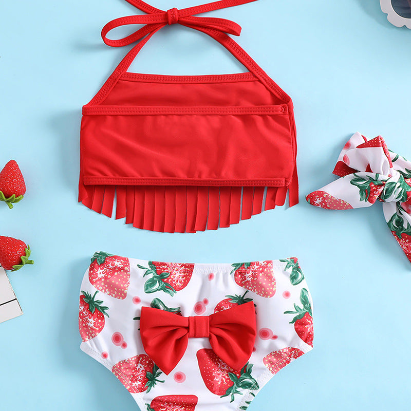 Girls Strawberry Print Swimsuit Baby Girl Red Tassel Sling Three-piece Set