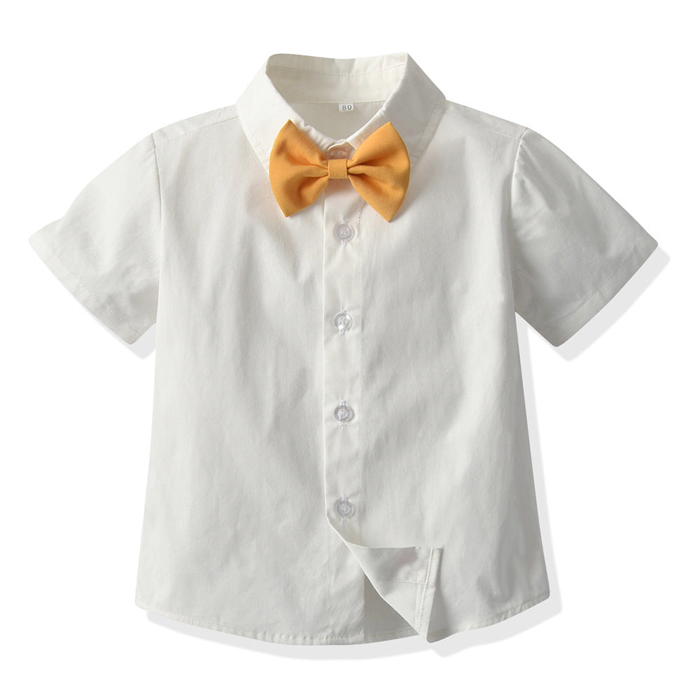 Baby Boys Short Sleeve Bow Shirt Bib Shorts Two Piece Suit