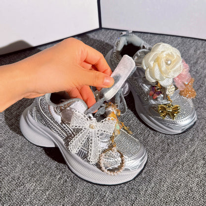 Girls' New Style Flower Silver Sports Shoes