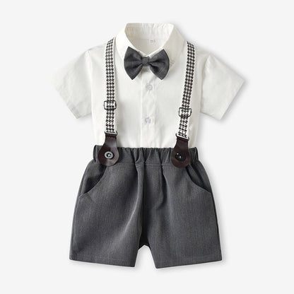 Baby Boys Short Sleeve Bow Shirt Bib Shorts Two Piece Suit