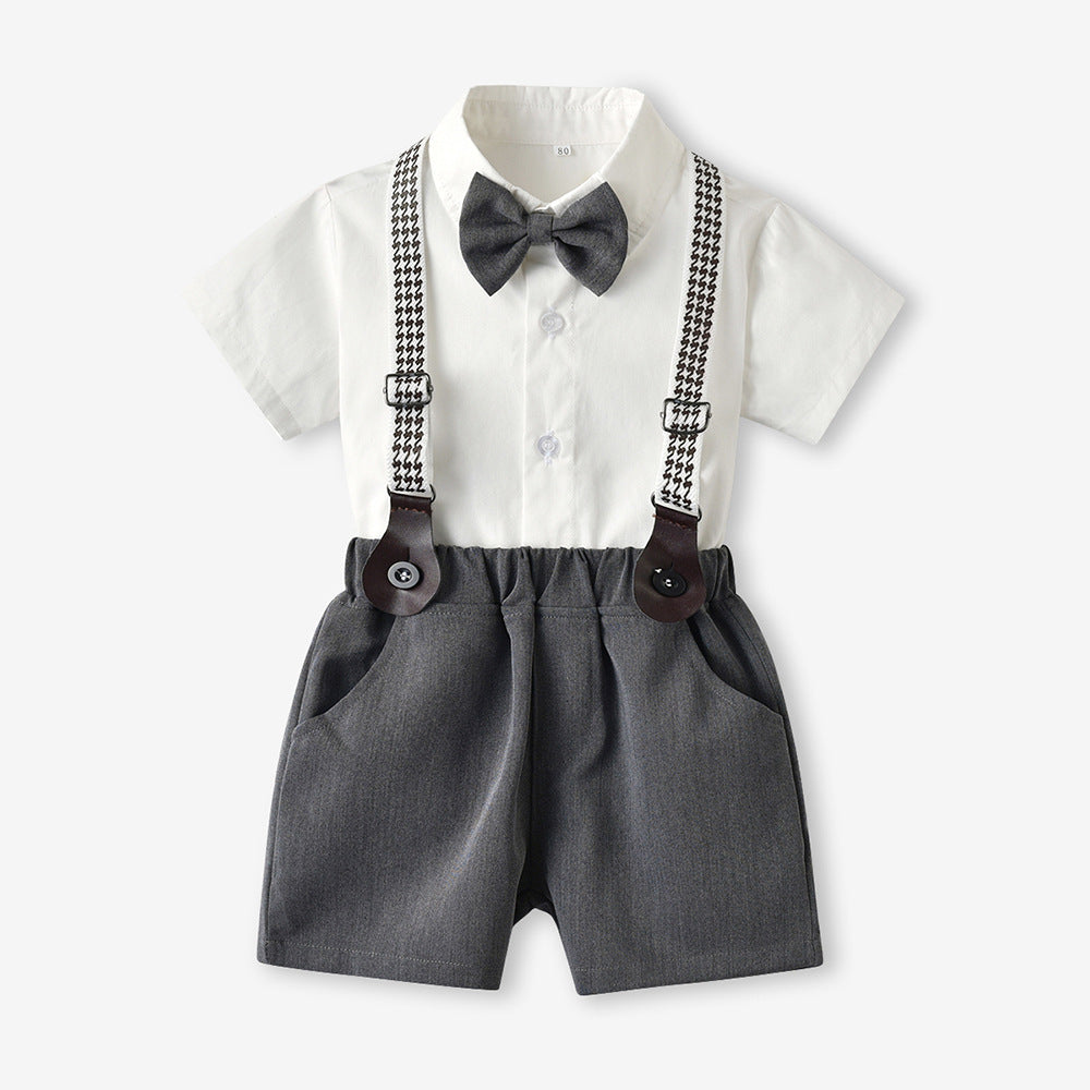 Baby Boys Short Sleeve Bow Shirt Bib Shorts Two Piece Suit