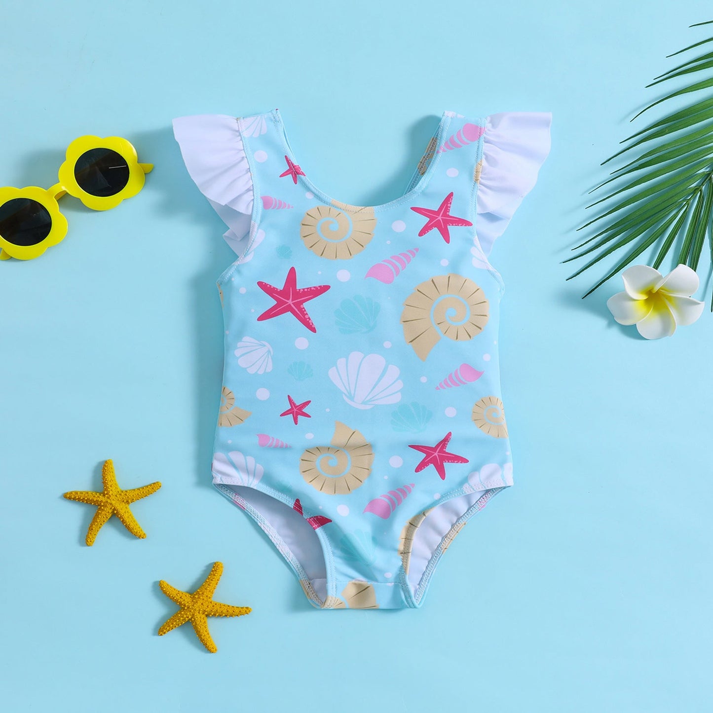 Baby Starfish and Shell Print One-piece Lotus Leaf Bow Swimsuit