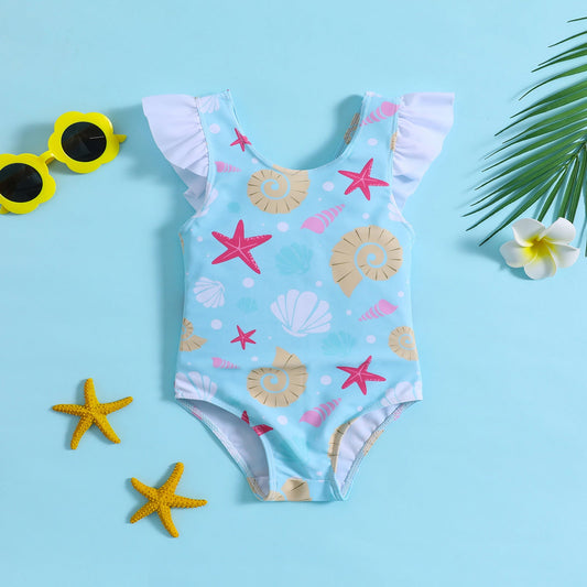 Baby Starfish and Shell Print One-piece Lotus Leaf Bow Swimsuit