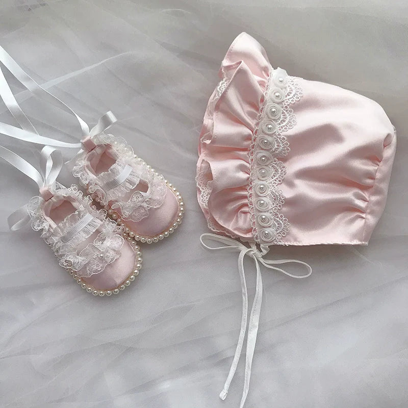 Baby Princess Hat Toddler Lace Pearl Soft-soled Shoes Set