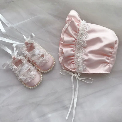 Baby Princess Hat Toddler Lace Pearl Soft-soled Shoes Set