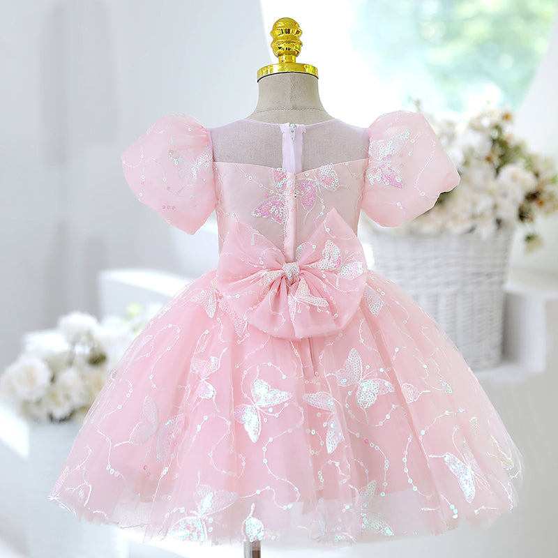 Girl Formal Princess Dress Baby Girl Pink Butterfly Sequins Birthday Party Dress