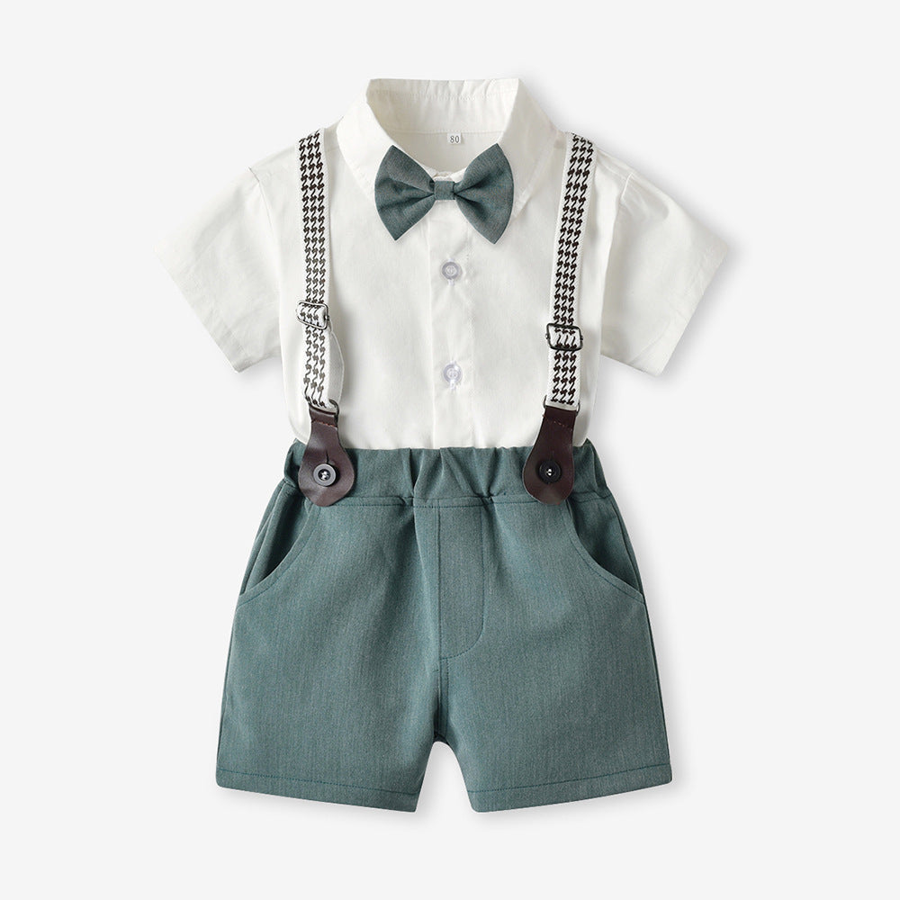 Baby Boys Short Sleeve Bow Shirt Bib Shorts Two Piece Suit