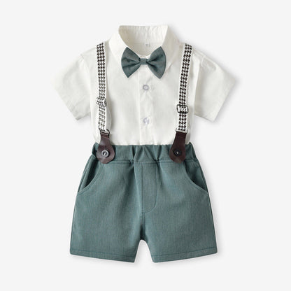 Baby Boys Short Sleeve Bow Shirt Bib Shorts Two Piece Suit