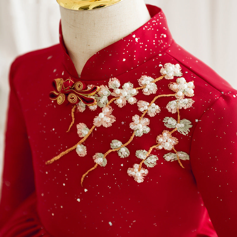 Girl Christmas Dress Baby Girl Princess Dress Winter Stand Collar Red Embroidered Dress Girl Birthday Party Dress