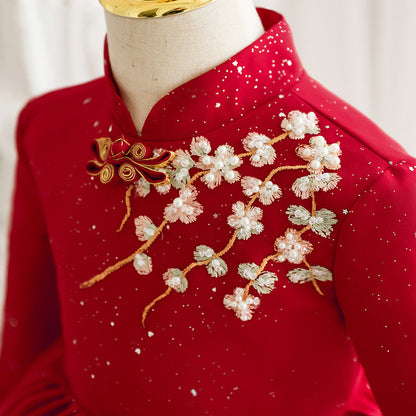 Girl Christmas Dress Baby Girl Princess Dress Winter Stand Collar Red Embroidered Dress Girl Birthday Party Dress