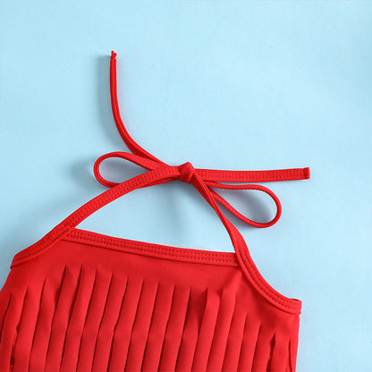 Girls Strawberry Print Swimsuit Baby Girl Red Tassel Sling Three-piece Set