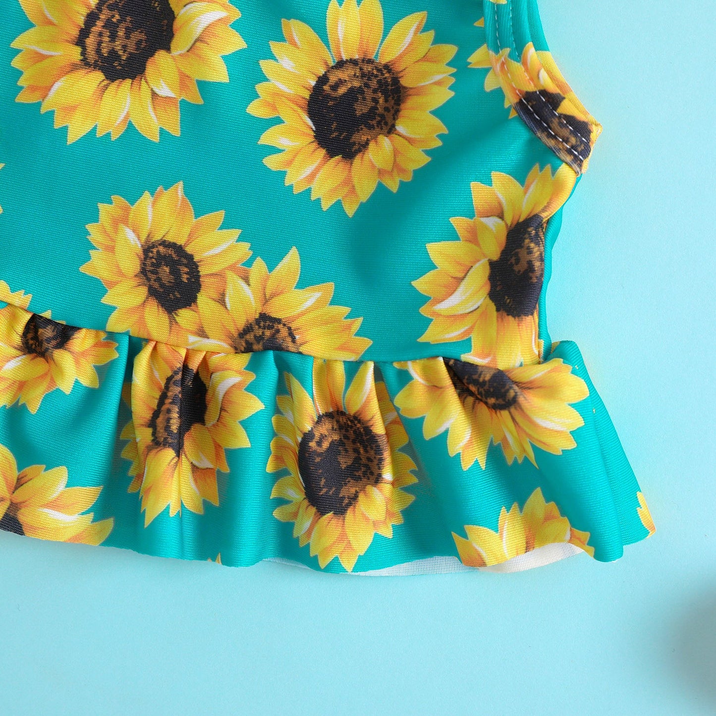 Girls Sunflower Print Ruffled Swimsuit Two-Piece Set